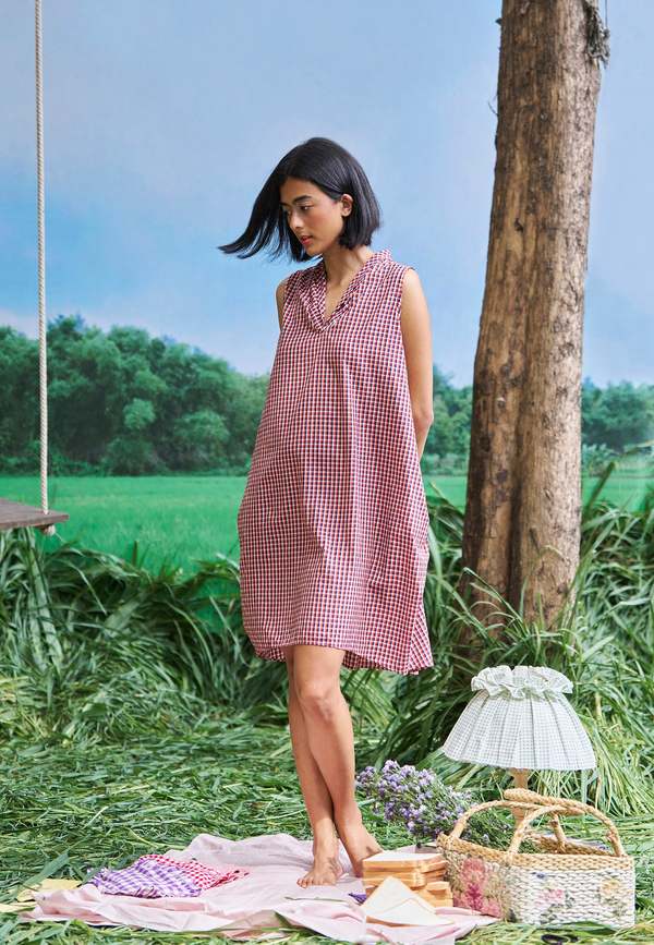 IKKIVI Gaul School Grid Dress - Red-Blue Check