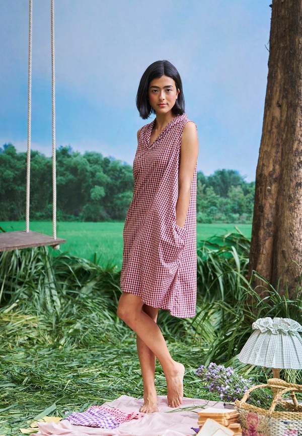 IKKIVI Gaul School Grid Dress - Red-Blue Check