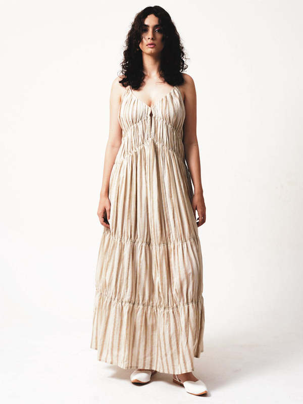 IKKIVI Gigi Dress - Greige and Tan Stripe