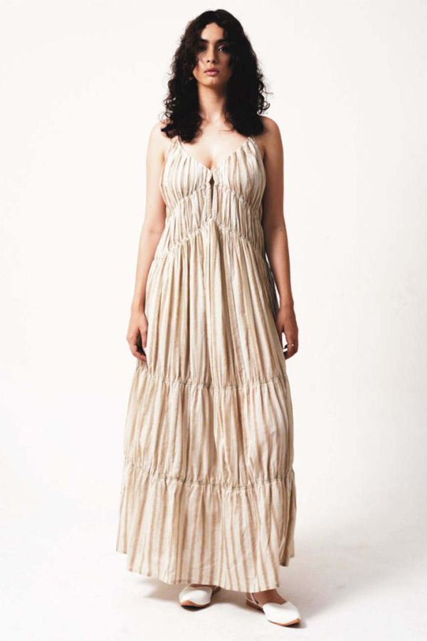 IKKIVI Gigi Dress - Greige and Tan Stripe