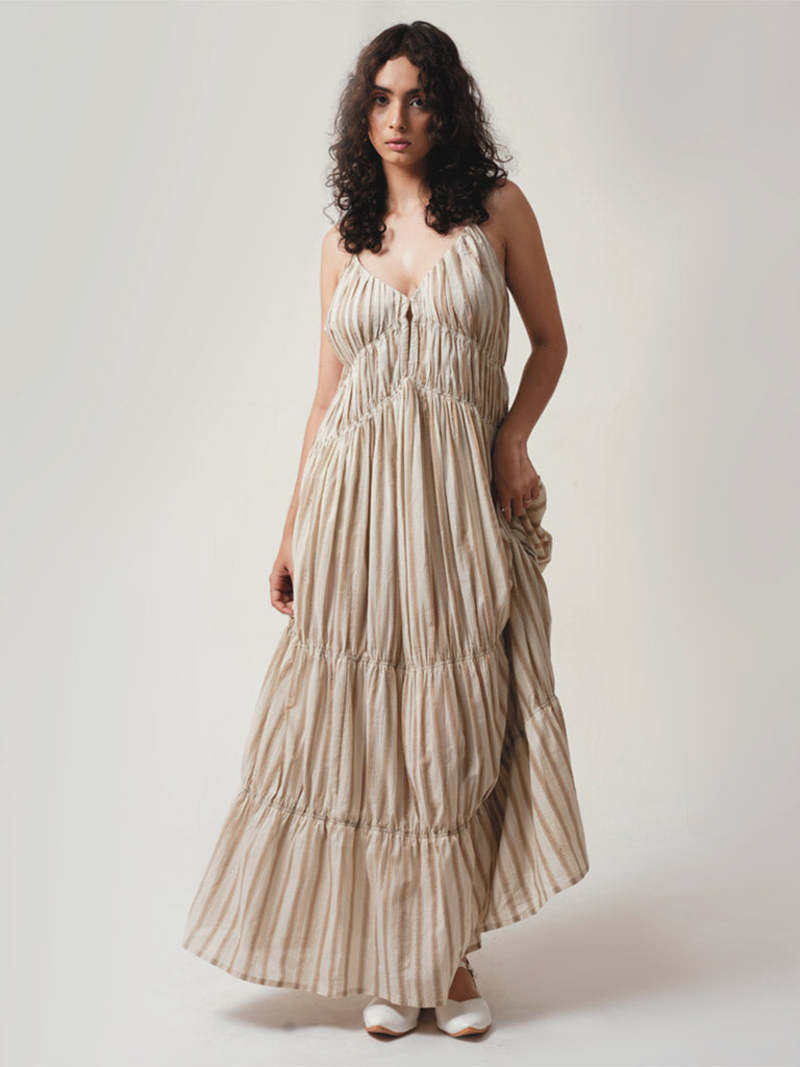 IKKIVI Gigi Dress - Greige and Tan Stripe