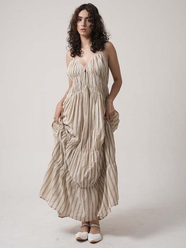 IKKIVI Gigi Dress - Greige and Tan Stripe