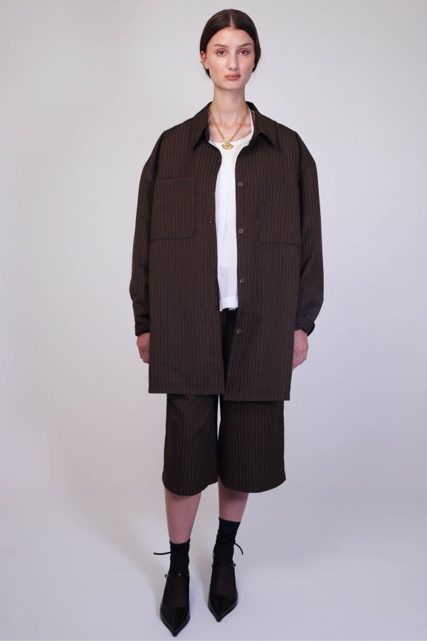 ALEJANDRA DE COSS Pinstripe Cut-Outs Overshirt - Brown