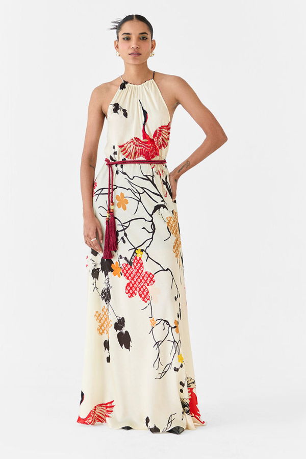 IKKIVI Red Crane Halter Dress - Off-White