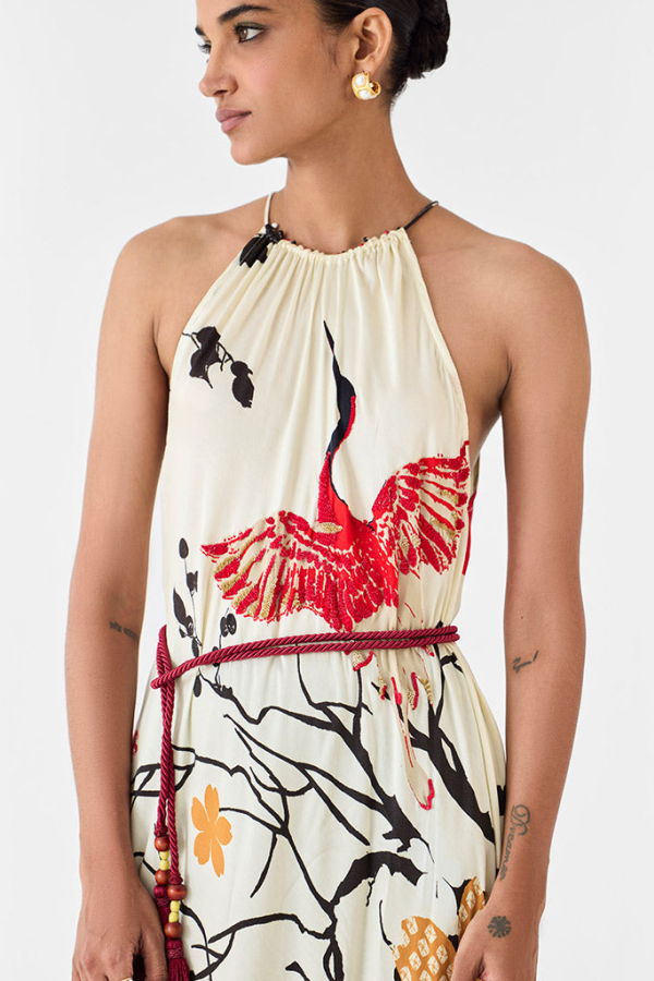 IKKIVI Red Crane Halter Dress - Off-White