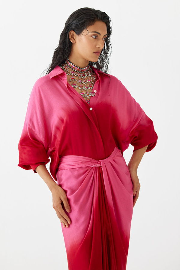 IKKIVI Ruby Shirt Draped Dress - Red