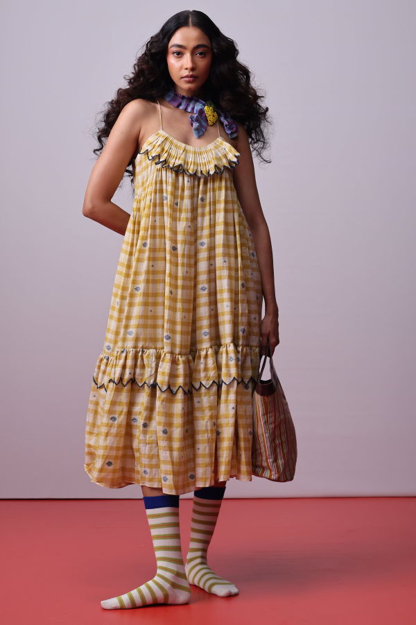 IKKIVI Sunlit Mosaic Frill Dress - Yellow