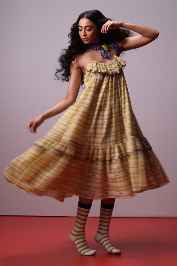 IKKIVI Sunlit Mosaic Frill Dress - Yellow