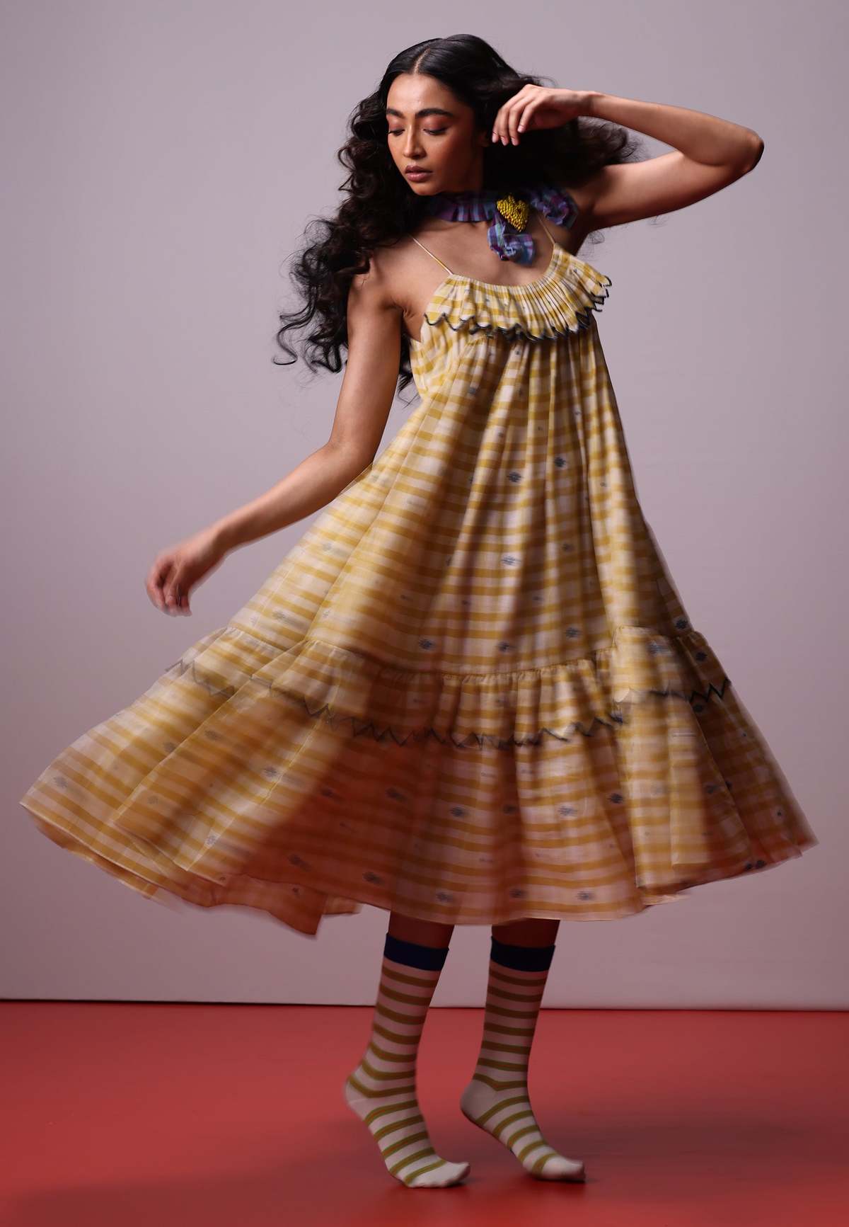 IKKIVI Sunlit Mosaic Frill Dress - Yellow - Image 2 of 10