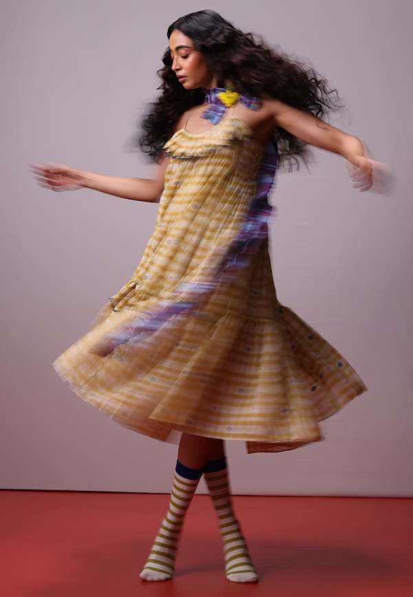 IKKIVI Sunlit Mosaic Frill Dress - Yellow