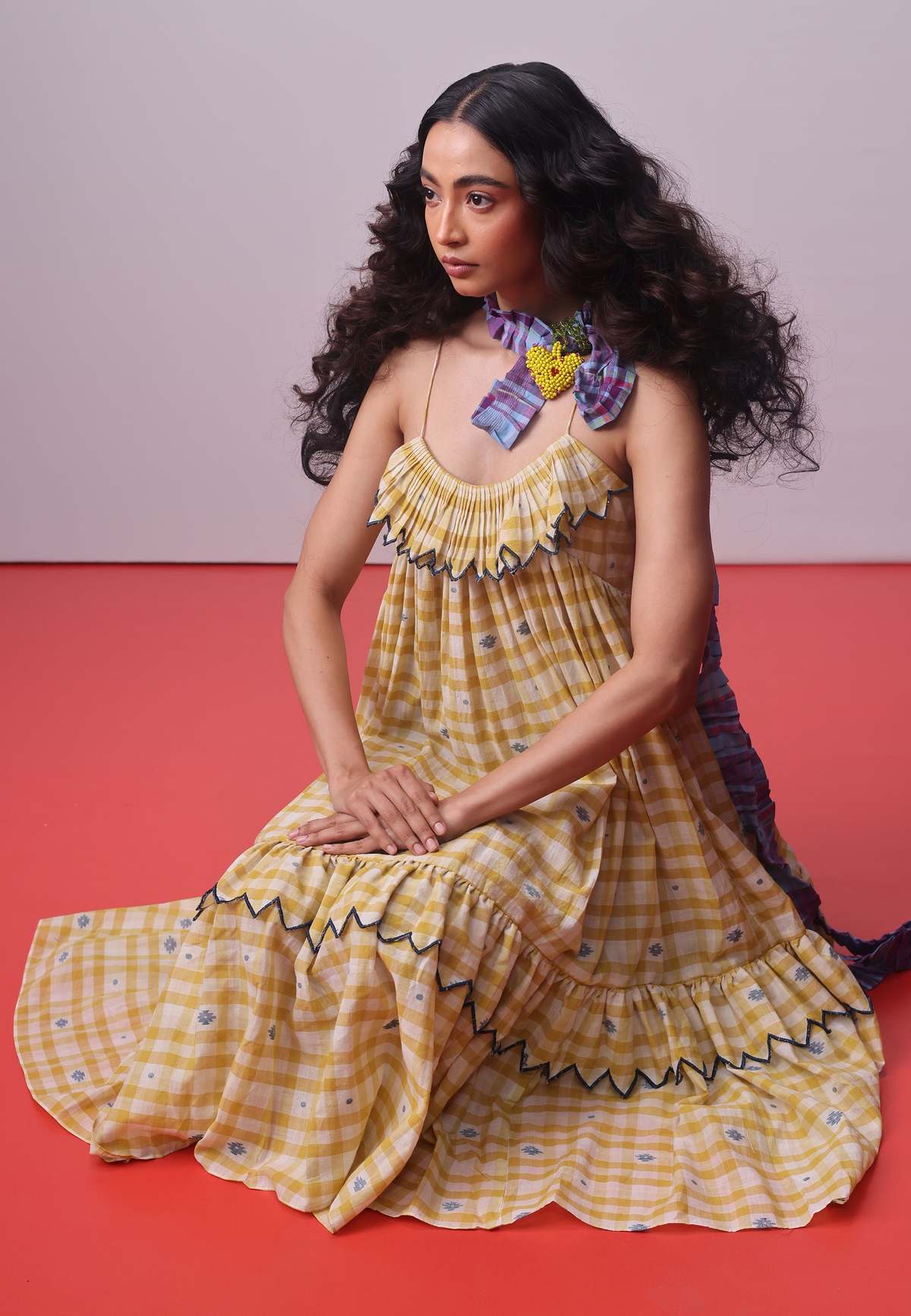 IKKIVI Sunlit Mosaic Frill Dress - Yellow - Image 8 of 10
