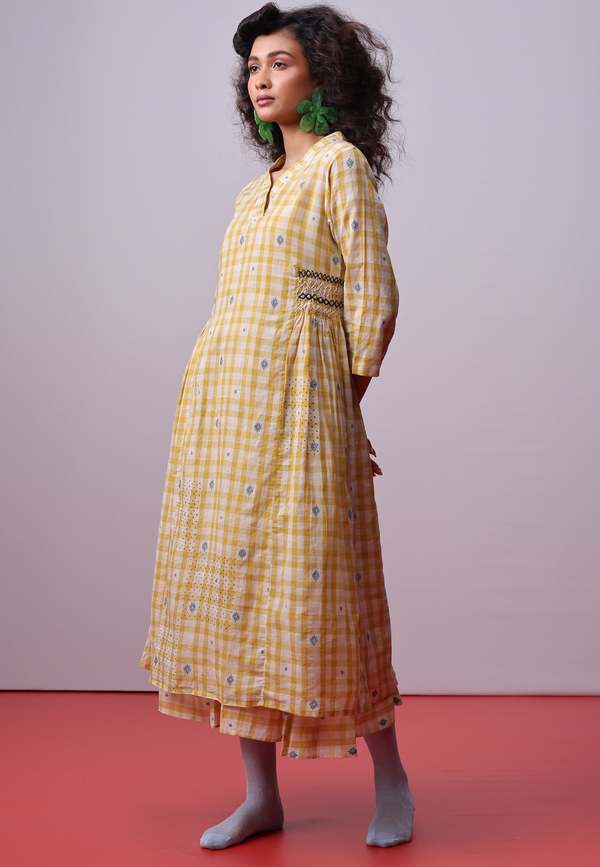 IKKIVI Sunlit Mosaic Layered Dress - Yellow/White