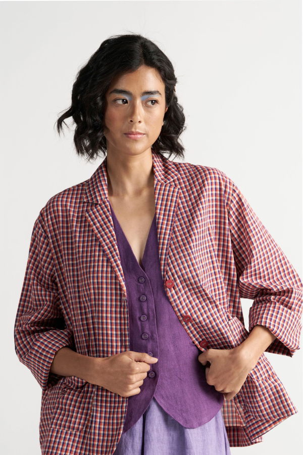 IKKIVI Tea Room School Grid Blazer - Red