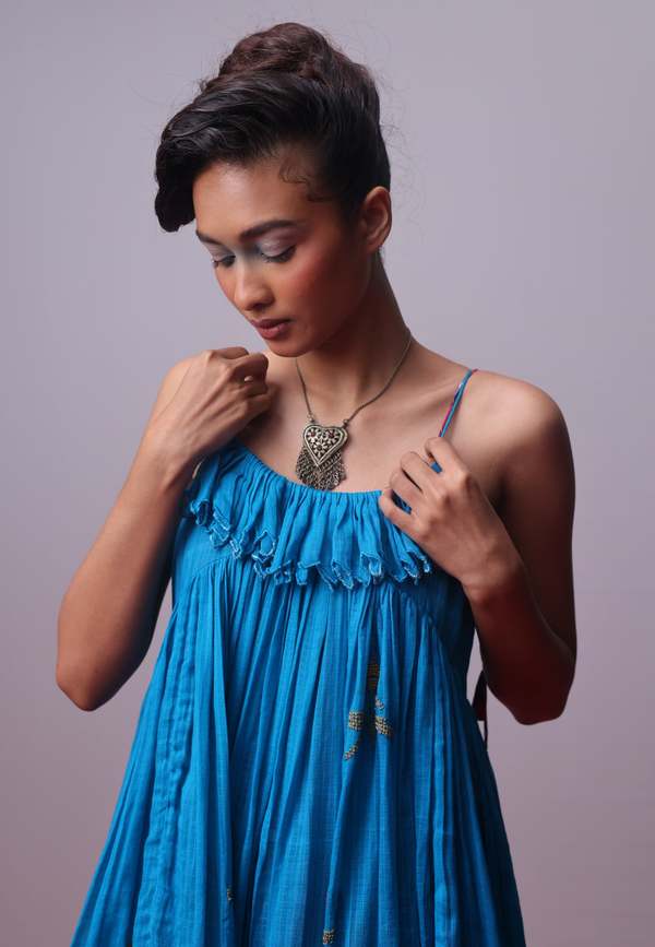 IKKIVI Turquoise Bloom Frill Dress - Turquoise Blue