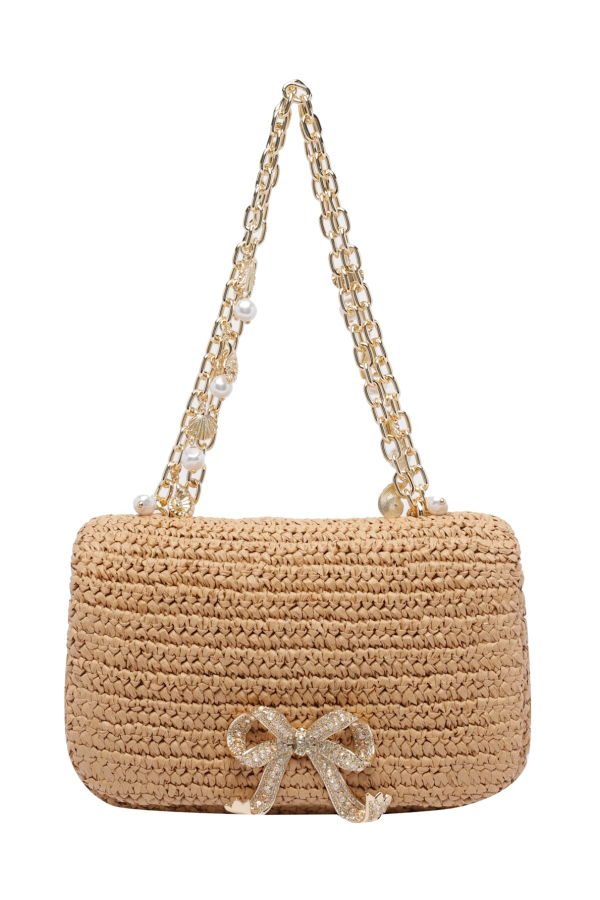 Self-Portrait Raffia Bow Charm Shoulder Bag - Beige
