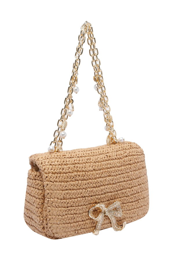 Self-Portrait Raffia Bow Charm Shoulder Bag - Beige