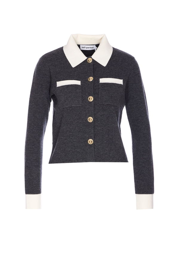 Self-Portrait Contrast Collar Cardigan - Gray