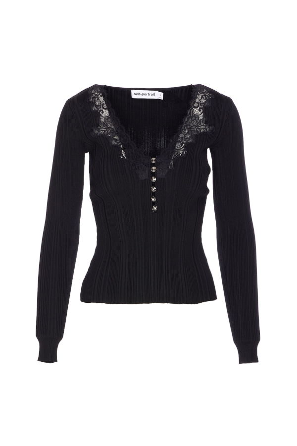 Self-Portrait Lace Knit Top - Black