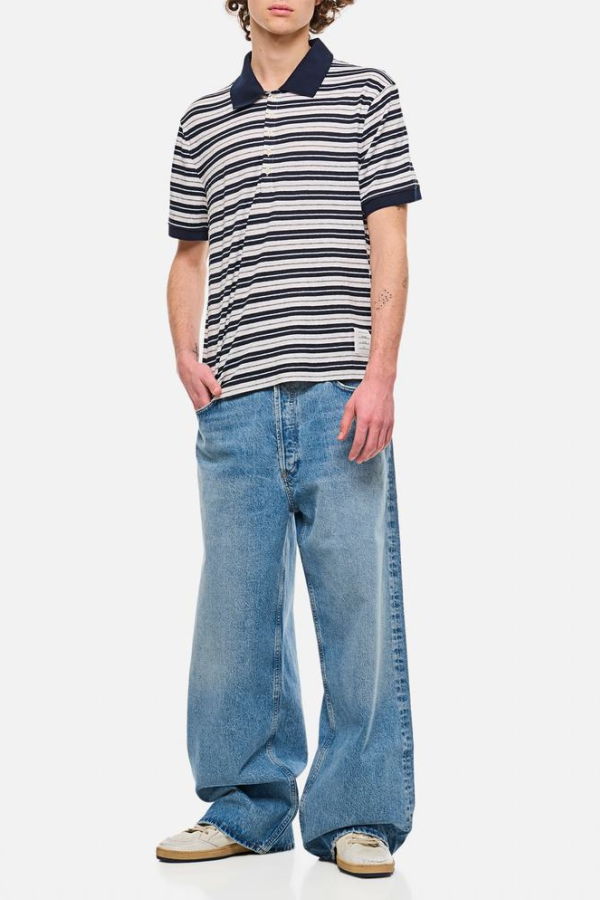 Thom Browne Linen Striped Polo - Blue