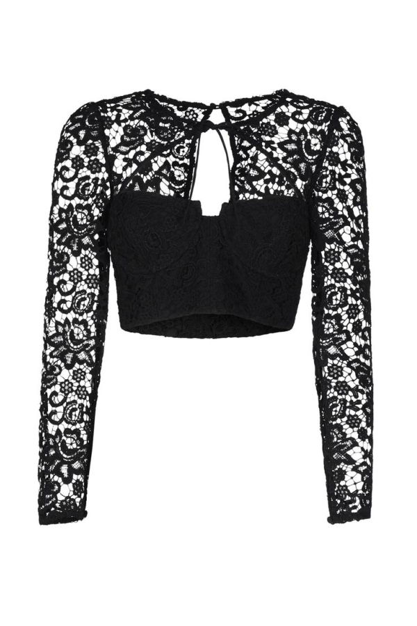 Self-Portrait Cropped Lace Top - Black