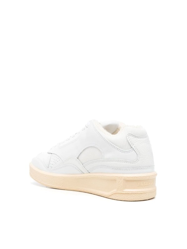 Jil Sander Cow Leather And Fabric Mesh Mid Cut Sneakers - White Ecru
