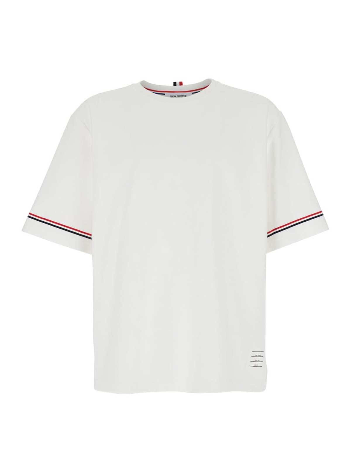 Thom Browne Crewneck T-shirt with RWB Detail on Neck and Sleeve - White - Image 1 of 3