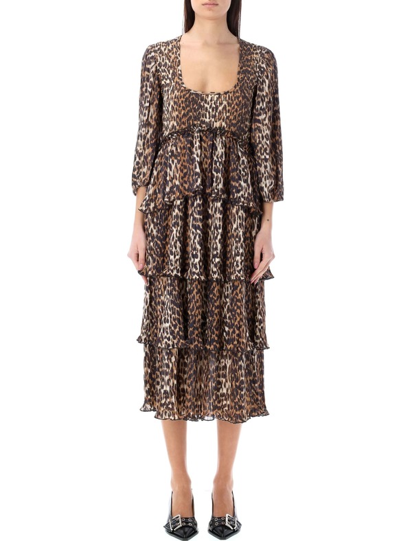 Ganni Pleated Georgette Leopard Midi Dress - Brown