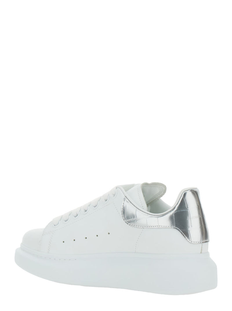 Alexander McQueen White Leather Sneakers With Silver Leather Heel Sneakers - White/Silver