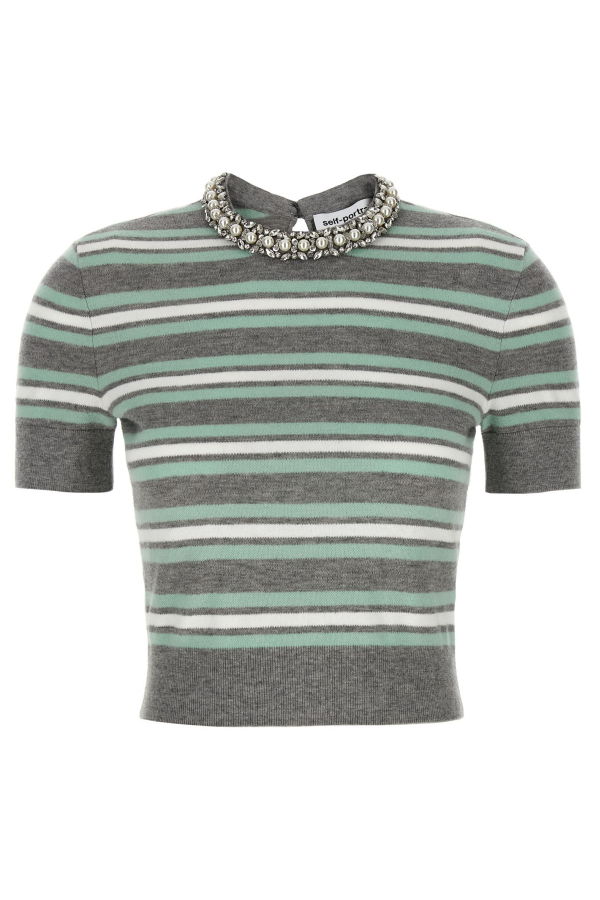 Self-Portrait Striped Crystal Trim Knit Sweater - Gray