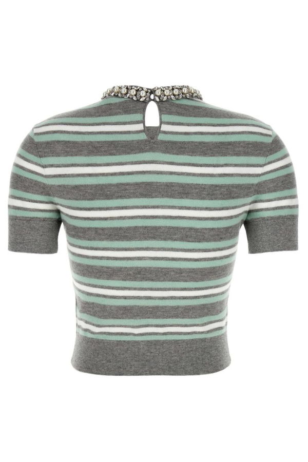 Self-Portrait Striped Crystal Trim Knit Sweater - Gray