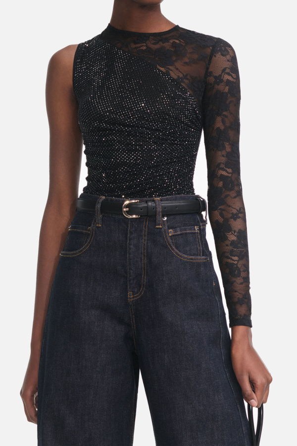 Self-Portrait Black Rhinestone Lace Sleeve Top