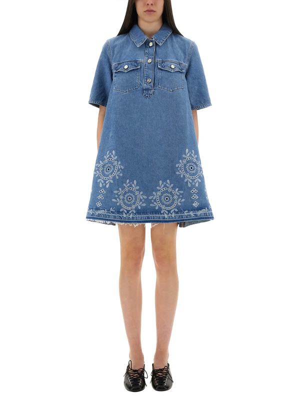 Ganni Mini Dress With Sangallo Embroidery - Denim