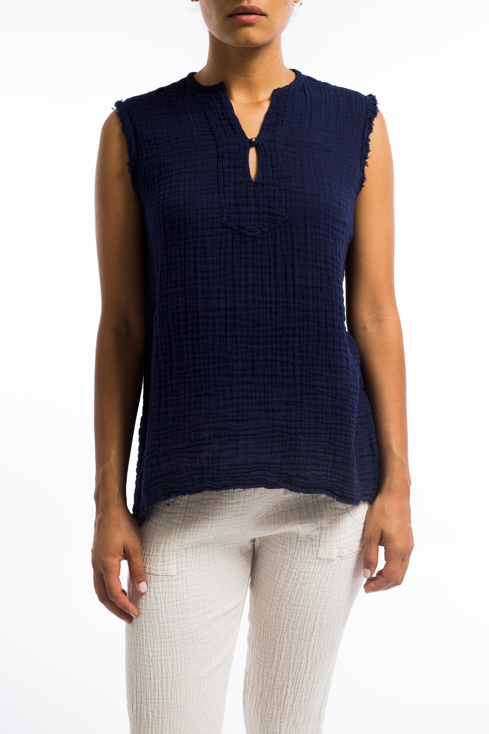 Raquel Allegra sleeveless gauze tunic top Navy Garmentory