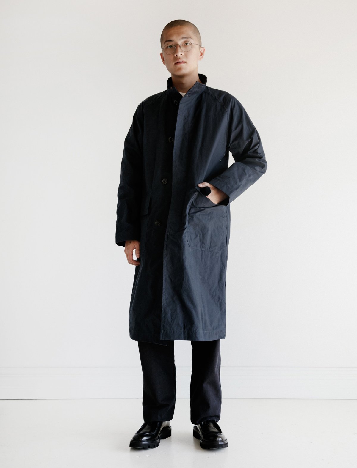 Margaret Howell Fisherman Mac Washed Waxed Cotton Coat - Navy 