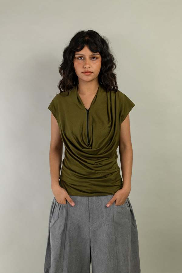 Wanze Cowl Neck Drape Tank - Merino Wool Olive
