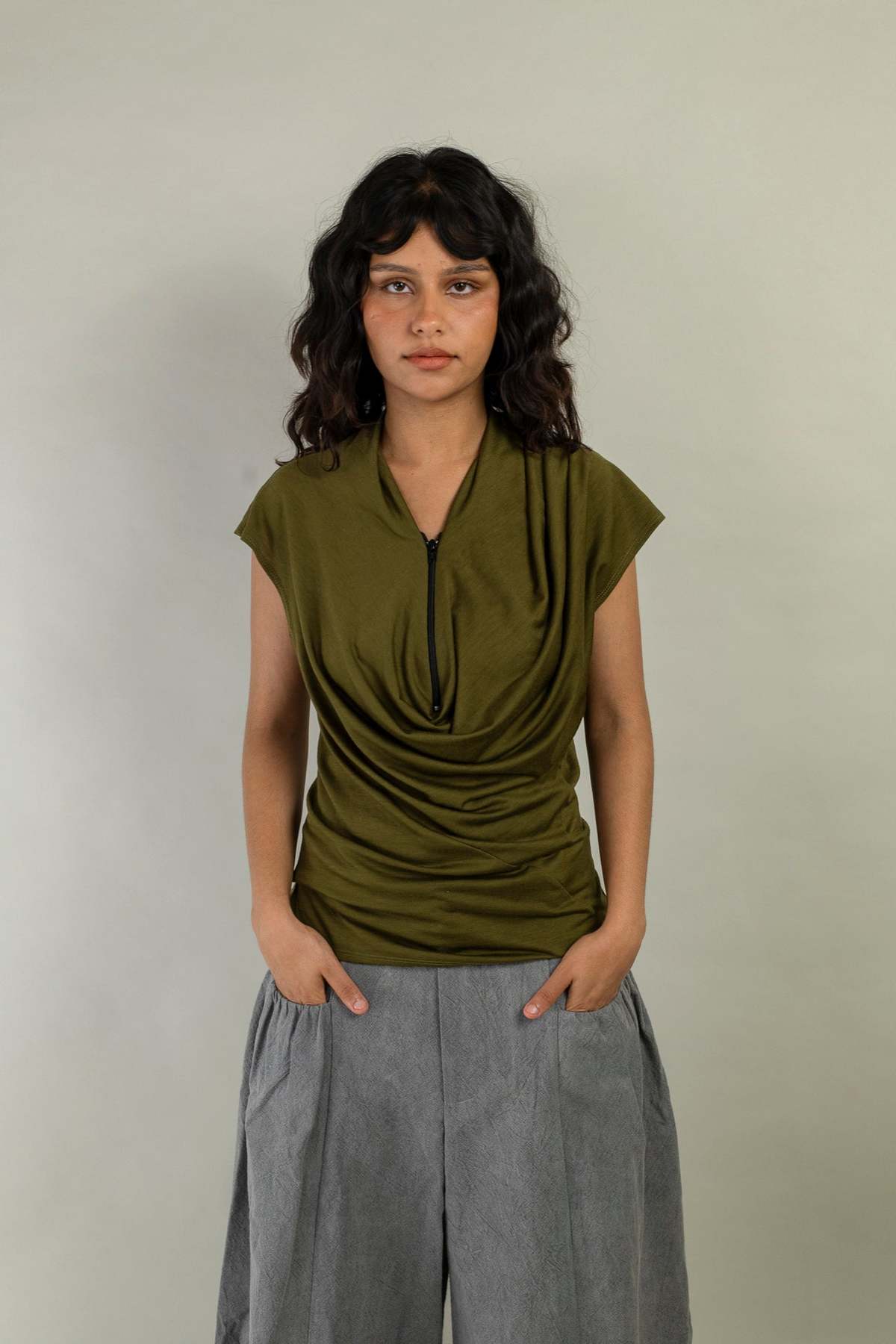 Wanze Cowl Neck Drape Tank - Merino Wool Olive - Image 1 of 9