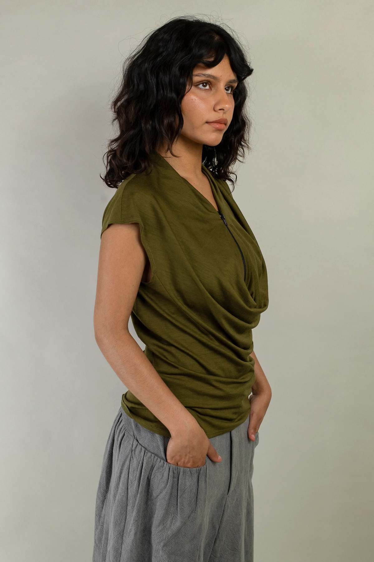 Wanze Cowl Neck Drape Tank - Merino Wool Olive - Image 2 of 9