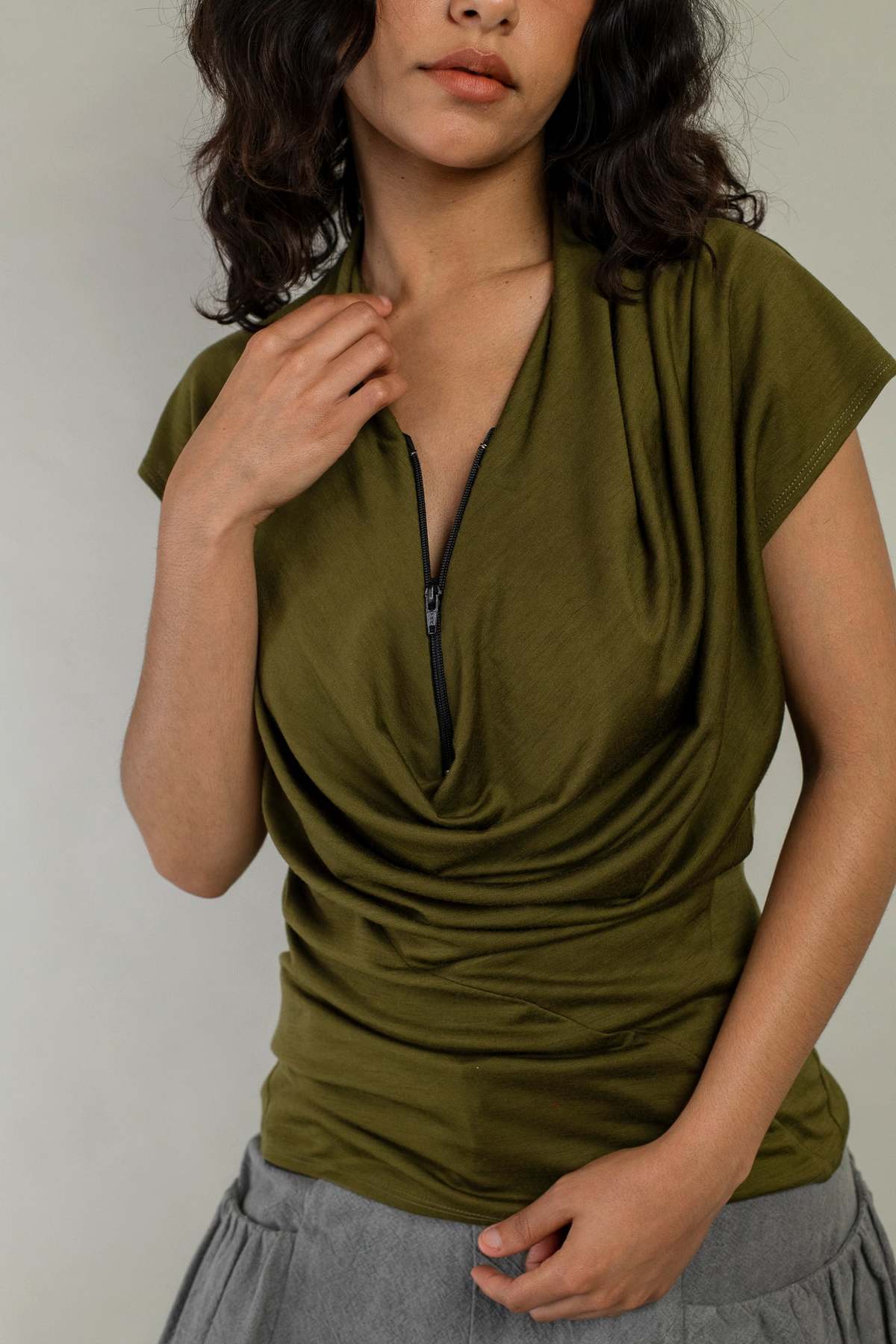 Wanze Cowl Neck Drape Tank - Merino Wool Olive - Image 4 of 9