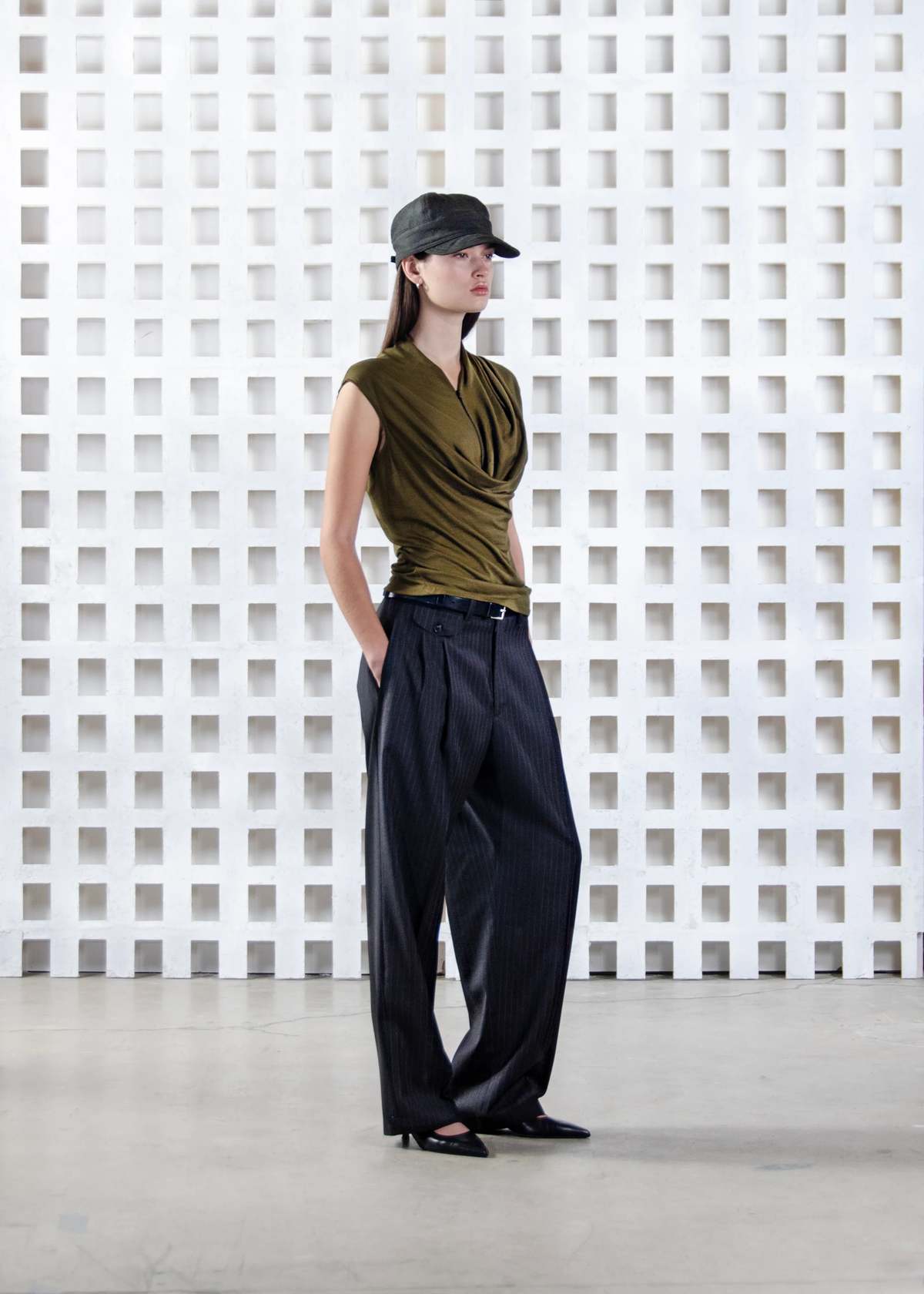 Wanze Cowl Neck Drape Tank - Merino Wool Olive - Image 9 of 9