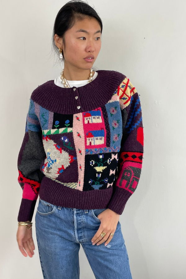 Vintage Hand Knit Intarsia Folk Art Patchwork Cottage Wool Sweater
