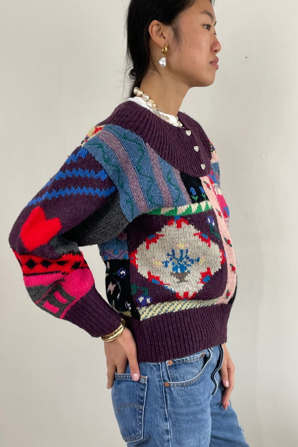 Vintage Hand Knit Intarsia Folk Art Patchwork Cottage Wool Sweater