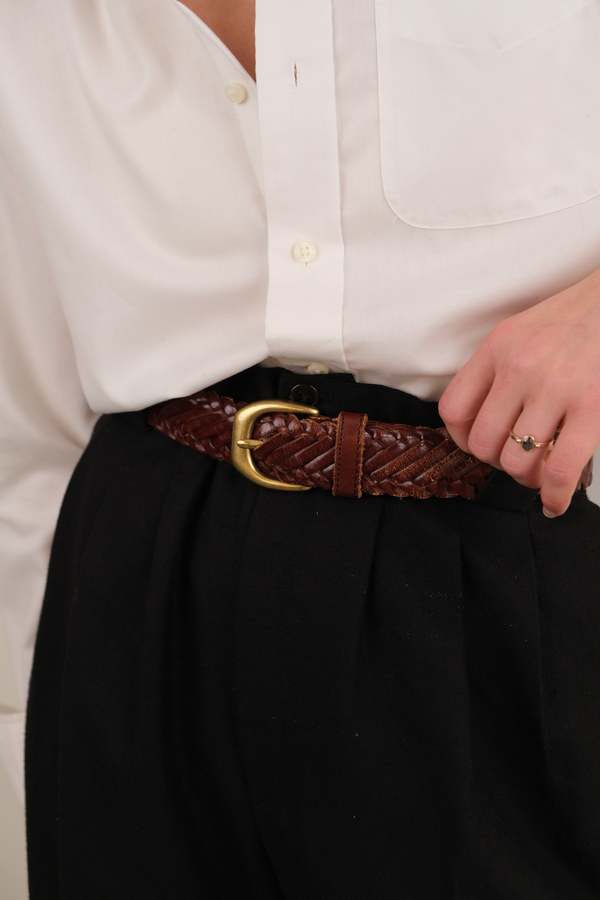 Vintage 80s Braided Leather Belt with Brass Buckle