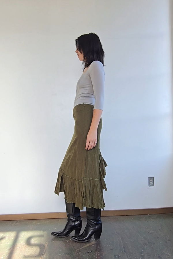 Vintage Olive Wool Knit Ruffled Skirt