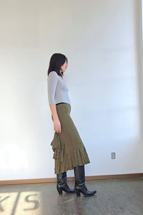 Vintage Olive Wool Knit Ruffled Skirt