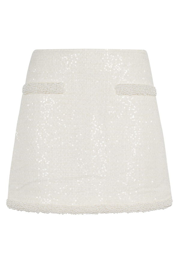 Self-Portrait Boucle Pearl Trim Mini Skirt - Cream