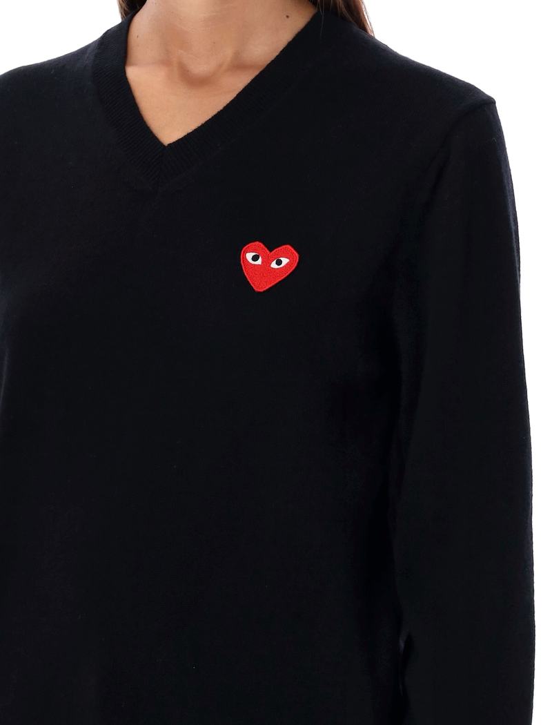 Comme des Garons PLAY Red Heart Patch V-neck Sweater - Black