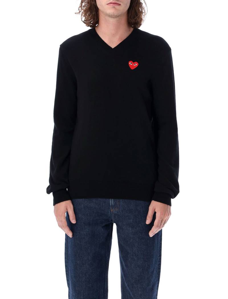 Comme des Garons PLAY Red Heart Patch V-neck Sweater - Black