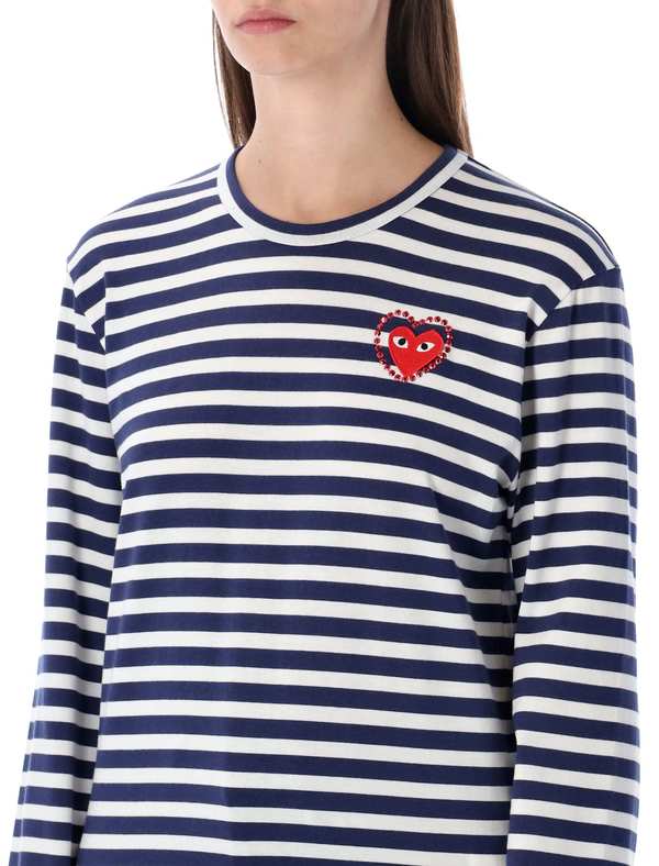 Comme des Garons PLAY Striped T-shirt With Crystal Heart - Navy/White