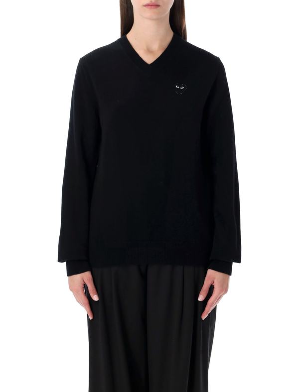 Comme des Garons PLAY Wool V-Neck Sweater With Black Heart And Crystals - Black