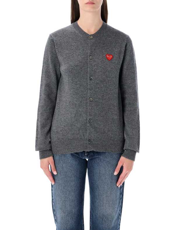 Comme des Garons PLAY Wool Cardigan With Red Crystal Heart Cardigan - Gray